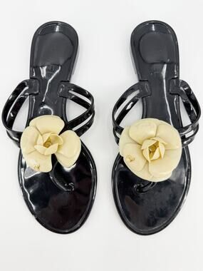 Chanel Sandals Camellia Jelly Thong Black Ivory Rubber CC Logo Flat Shoes 38